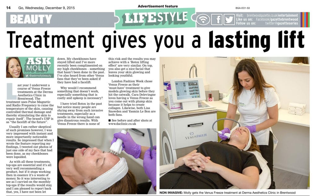 Brentwood Gazette Article Derma Aesthetics Clinic Treatment Gives Lasting Lift Molly