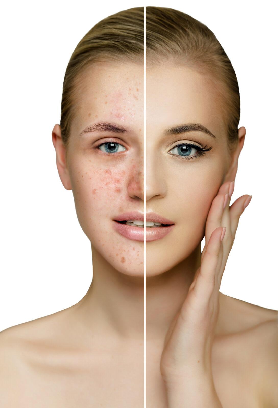 female face with clean skin and acne